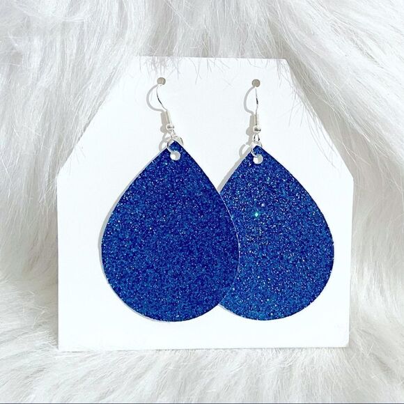 NWT Blue Glitter Faux Leather Tear Drop Earrings - Picture 1 of 1